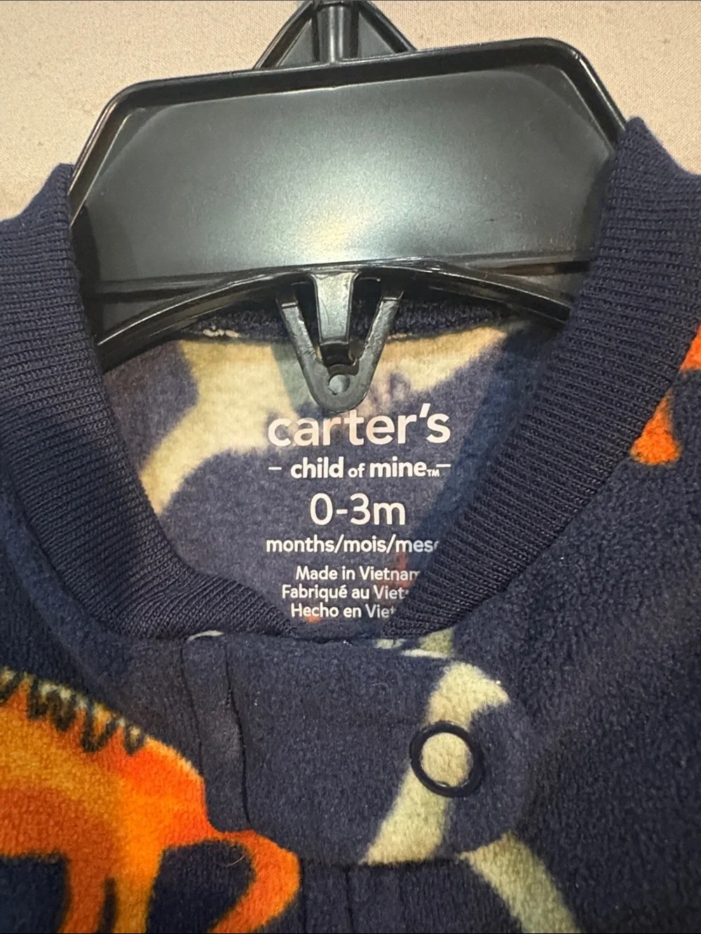 Carter's Navy Blue Fleece Dinosaur Footie with Orange & Cream Dinosaurs